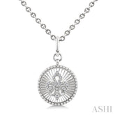 1/10 Ctw Round fluted medallion Single Cut Diamond Fleur-De-Lis Pendant With Chain in Sterling Silver