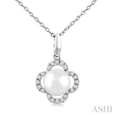 6 MM Cultured Pearl and 1/10 Ctw Single Cut Diamond Clover Petite Fashion Pendant With Chain in 10K White Gold
