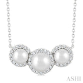 5MM & 4MM Cultured Pearl and 1/6 Ctw Round Cut Diamond Halo Pendant With Chain in 14K White Gold