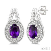 8X6 MM Cushion Shape Amethyst and 1/20 Ctw Single Cut Diamond Semi-Precious Earrings in Sterling Silver