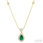 6x4 MM Pear Cut Emerald and 1/3 Ctw Round Cut Diamond Lovebright Precious Necklace in 14K Yellow Gold