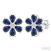 4X3 MM Floral Blossom Pear Cut Sapphire and 1/20 Ctw Round Cut Diamond Precious Stud Earring in 14K White Gold