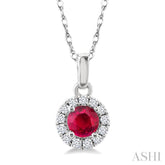 3.25 MM Round Ruby and 1/20 Ctw Round Cut Diamond Halo Precious Pendant with Chain in 10K White Gold