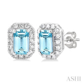 5x3 MM Octagonal Shape Aquamarine and 1/8 Ctw Round Cut Diamond Halo Semi-Precious Stud Earrings in 10K White Gold