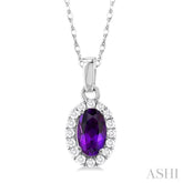5x3 MM Oval Shape Amethyst and 1/20 Ctw Round Cut Diamond Halo Semi-Precious Pendant with Chain in 10K White Gold