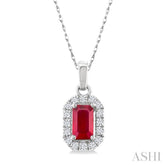 5x3 MM Octagonal Shape Ruby and 1/20 Ctw Round Cut Diamond Halo Precious Pendant with Chain in 10K White Gold