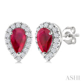 5x3 MM Pear Shape Ruby and 1/8 Ctw Round Cut Diamond Halo Precious Stud Earrings in 14K White Gold