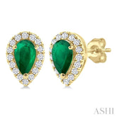 5x3 MM Pear Shape Emerald and 1/8 Ctw Round Cut Diamond Halo Precious Stud Earrings in 10K Yellow Gold