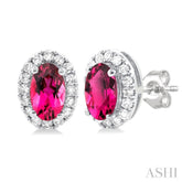 5x3 MM Oval Shape Pink Tourmaline and 1/8 Ctw Round Cut Diamond Halo Semi-Precious Stud Earrings in 14K White Gold