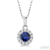 3.25 MM Round Sapphire and 1/20 Ctw Round Cut Diamond Halo Precious Pendant with Chain in 10K White Gold