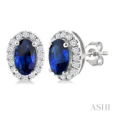 5x3 MM Oval Shape Sapphire and 1/8 Ctw Round Cut Diamond Halo Precious Stud Earrings in 14K White Gold
