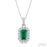 5x3 MM Octagonal Shape Emerald and 1/20 Ctw Round Cut Diamond Halo Precious Pendant with Chain in 10K White Gold