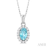 5x3 MM Oval Shape Aquamarine and 1/20 Ctw Round Cut Diamond Halo Semi-Precious Pendant with Chain in 14K White Gold