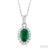 5x3 MM Oval Shape Emerald and 1/20 Ctw Single Cut Diamond Halo Precious Pendant with Chain in 14K White Gold