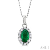 5x3 MM Oval Shape Emerald and 1/20 Ctw Round Cut Diamond Halo Precious Pendant with Chain in 14K White Gold