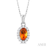 5x3 MM Oval Shape Citrine and 1/20 Ctw Round Cut Diamond Halo Semi-Precious Pendant with Chain in 14K White Gold