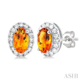 5x3 MM Oval Shape Citrine and 1/8 Ctw Round Cut Diamond Halo Semi-Precious Stud Earrings in 10K White Gold
