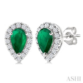 5x3 MM Pear Shape Emerald and 1/8 Ctw Round Cut Diamond Halo Precious Stud Earrings in 10K White Gold