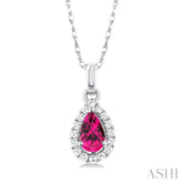 5x3 MM Pear Shape Pink Tourmaline and 1/20 Ctw Round Cut Diamond Halo Semi-Precious Pendant with Chain in 10K White Gold