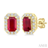 5x3 MM Octagonal Shape Ruby and 1/8 Ctw Round Cut Diamond Halo Precious Stud Earrings in 10K Yellow Gold