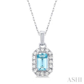 5x3 MM Octagonal Shape Aquamarine and 1/20 Ctw Single Cut Diamond Halo Semi-Precious Pendant with Chain in 14K White Gold