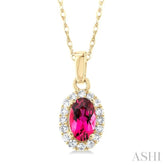 5x3 MM Oval Shape Pink Tourmaline and 1/20 Ctw Round Cut Diamond Halo Semi-Precious Pendant with Chain in 10K Yellow Gold