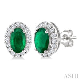 5x3 MM Oval Shape Emerald and 1/8 Ctw Round Cut Diamond Halo Precious Stud Earrings in 10K White Gold