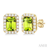 6x4 MM Octagonal Shape Peridot and 1/4 Ctw Round Cut Diamond Halo Semi-Precious Stud Earrings in 10K Yellow Gold