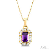 5x3 MM Octagonal Shape Amethyst and 1/20 Ctw Round Cut Diamond Halo Semi-Precious Pendant with Chain in 10K Yellow Gold