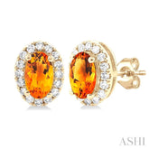 5x3 MM Oval Shape Citrine and 1/8 Ctw Single Cut Diamond Halo Semi-Precious Stud Earrings in 14K Yellow Gold