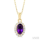 5x3 MM Oval Shape Amethyst and 1/20 Ctw Single Cut Diamond Halo Semi-Precious Pendant with Chain in 14K Yellow Gold