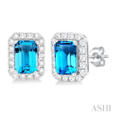 6x4 MM Octagonal Shape Blue Topaz and 1/4 Ctw Round Cut Diamond Halo Semi-Precious Stud Earrings in 14K White Gold
