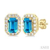5x3 MM Octagonal Shape Blue Topaz and 1/8 Ctw Single Cut Diamond Halo Semi-Precious Stud Earrings in 14K Yellow Gold