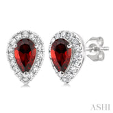 5x3 MM Pear Shape Garnet and 1/8 Ctw Single Cut Diamond Halo Semi-Precious Stud Earrings in 14K White Gold