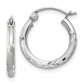 14k White Gold 2x15mm Satin Diamond-cut Round Tube Hoop Earrings