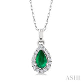 5x3 MM Pear Shape Emerald and 1/20 Ctw Round Cut Diamond Halo Precious Pendant with Chain in 14K White Gold