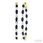 4x2 MM Marquise Cut Sapphire and 3/8 Ctw Round Cut Diamond Precious Inside-Out Hoop Earrings in 14K Yellow Gold