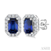 5x3 MM Octagonal Shape Sapphire and 1/8 Ctw Round Cut Diamond Halo Precious Stud Earrings in 10K White Gold