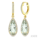 12X5 MM Pear Shape Green Amethyst and 1/3 Ctw Round Cut Diamond Semi-Precious Earrings in 10K Yellow Gold