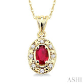 5x3 MM Oval Shape Ruby and 1/20 Ctw Round Cut Diamond Pendant in 14K Yellow Gold with Chain