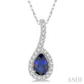 6X4 MM Pear Shape Sapphire and 1/8 Ctw Round Cut Diamond Precious Pendant With Chain in 10K White Gold