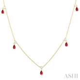 5x3 MM Pear Shape Ruby and 1/4 Ctw Round Cut Diamonds Precious Station Necklace in 14K Yellow Gold