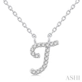 1/20 Ctw Initial 'T' Round cut Diamond Pendant With Chain in 10K White Gold