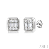 1/5 Ctw Petite Bezel Set Emerald Shape Fusion Baguette and Round Cut Diamond Fashion Stud Earring in 10K White Gold