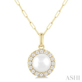 6 MM Cultured White Pearl and 1/6 Ctw Single Cut Diamond Halo Pendant With Chain in 14K Yellow Gold