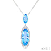 18x8 MM & 10x5 MM Oval Cut Blue Topaz and 1/3 Ctw Round Cut Diamond Halo Semi-Precious Pendant With Chain in 14K White Gold