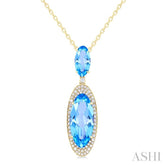 18x8 MM & 10x5 MM Oval Cut Blue Topaz and 1/3 Ctw Round Cut Diamond Halo Semi-Precious Pendant With Chain in 14K Yellow Gold