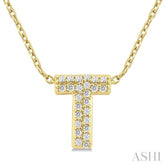 1/10 Ctw Initial 'T' Round Cut Diamond Fashion Pendant With Chain in 10K Yellow Gold