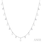4 MM Round Shape Cultured Pearl and 1/4 Ctw Round Cut Diamond Station Necklace in 14K White Gold