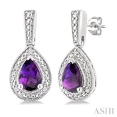6X4 MM Pear Shape Amethyst and 1/50 Ctw Single Cut Diamond Semi-Precious Earrings in Sterling Silver